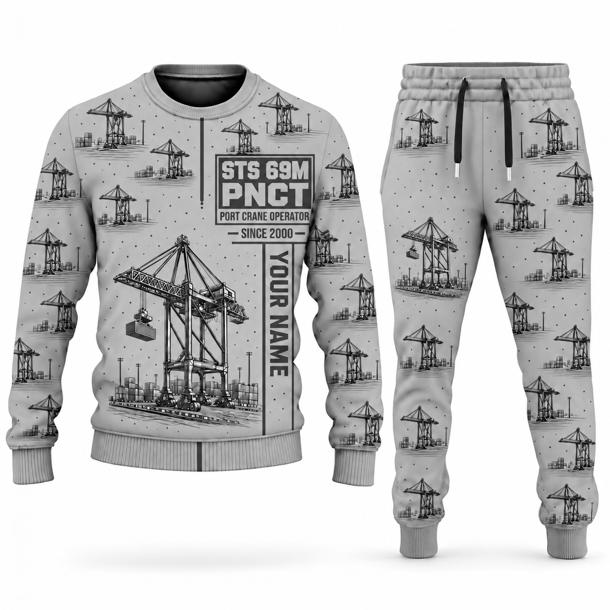 Personalized Liebherr STS 69 m Port Crane Combo Sweater + Jogger - PNCT Configuration in lightgray, sweater and jogger artwork with YOUR NAME and SINCE 2000 sample text.