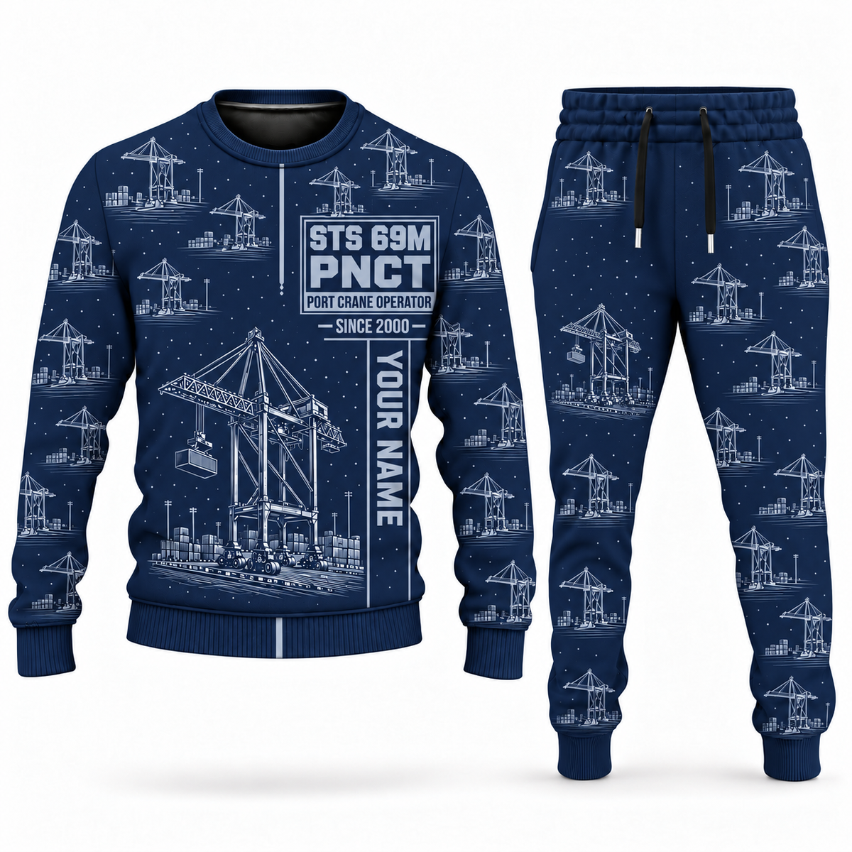 Personalized Liebherr STS 69 m Port Crane Combo Sweater + Jogger - PNCT Configuration in navy, sweater and jogger artwork with YOUR NAME and SINCE 2000 sample text.