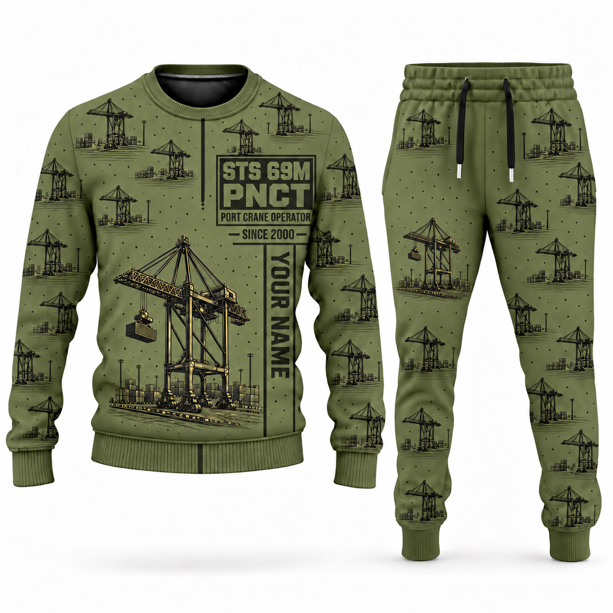 Personalized Liebherr STS 69 m Port Crane Combo Sweater + Jogger - PNCT Configuration in olive, sweater and jogger artwork with YOUR NAME and SINCE 2000 sample text.