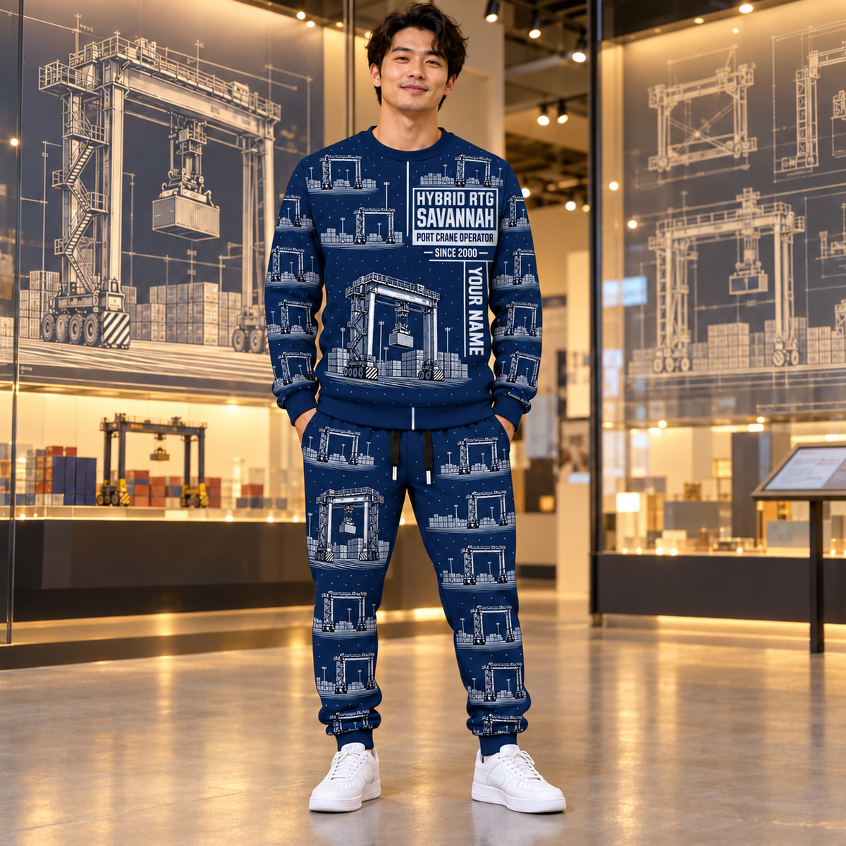 Personalized Konecranes Hybrid RTG Port Crane Combo Sweater + Jogger - Savannah Configuration in Navy, sweater and jogger artwork with YOUR NAME and SINCE 2000 sample text.