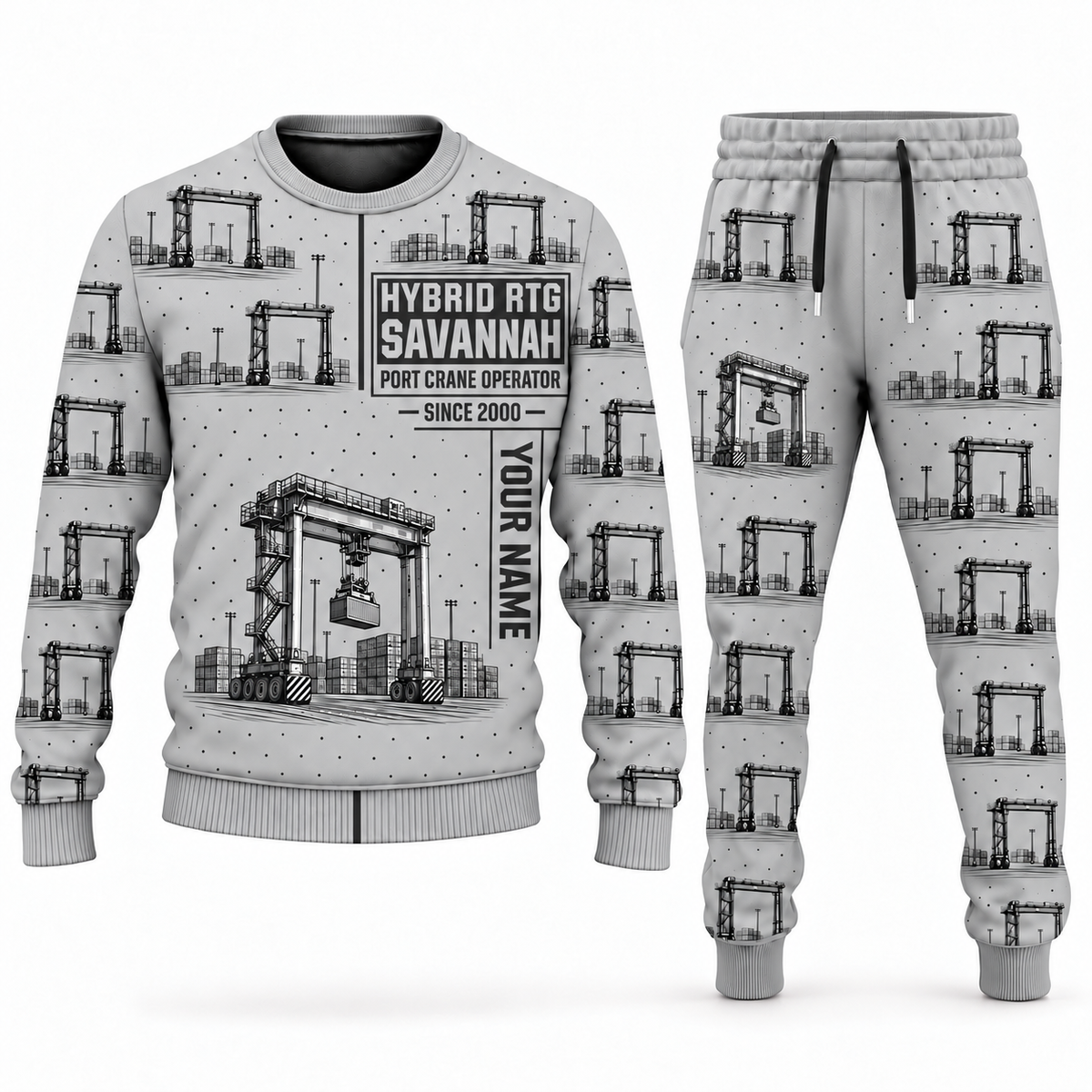 Personalized Konecranes Hybrid RTG Port Crane Combo Sweater + Jogger - Savannah Configuration in lightgray, sweater and jogger artwork with YOUR NAME and SINCE 2000 sample text.