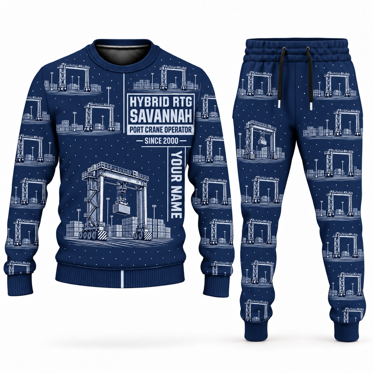 Personalized Konecranes Hybrid RTG Port Crane Combo Sweater + Jogger - Savannah Configuration in navy, sweater and jogger artwork with YOUR NAME and SINCE 2000 sample text.