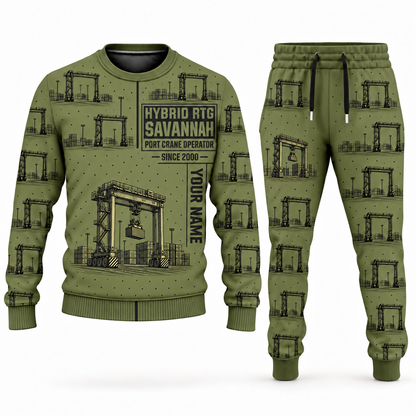 Personalized Konecranes Hybrid RTG Port Crane Combo Sweater + Jogger - Savannah Configuration in olive, sweater and jogger artwork with YOUR NAME and SINCE 2000 sample text.