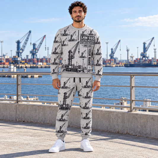 Personalized Liebherr LHM 550 Electric High-Rise Port Crane Combo Sweater + Jogger in Light Gray, sweater and jogger artwork with YOUR NAME and SINCE 2000 sample text.