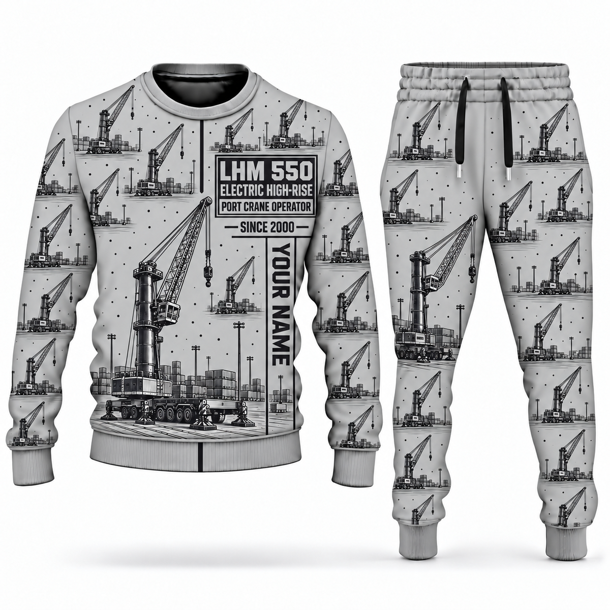 Personalized Liebherr LHM 550 Electric High-Rise Port Crane Combo Sweater + Jogger in lightgray, sweater and jogger artwork with YOUR NAME and SINCE 2000 sample text.