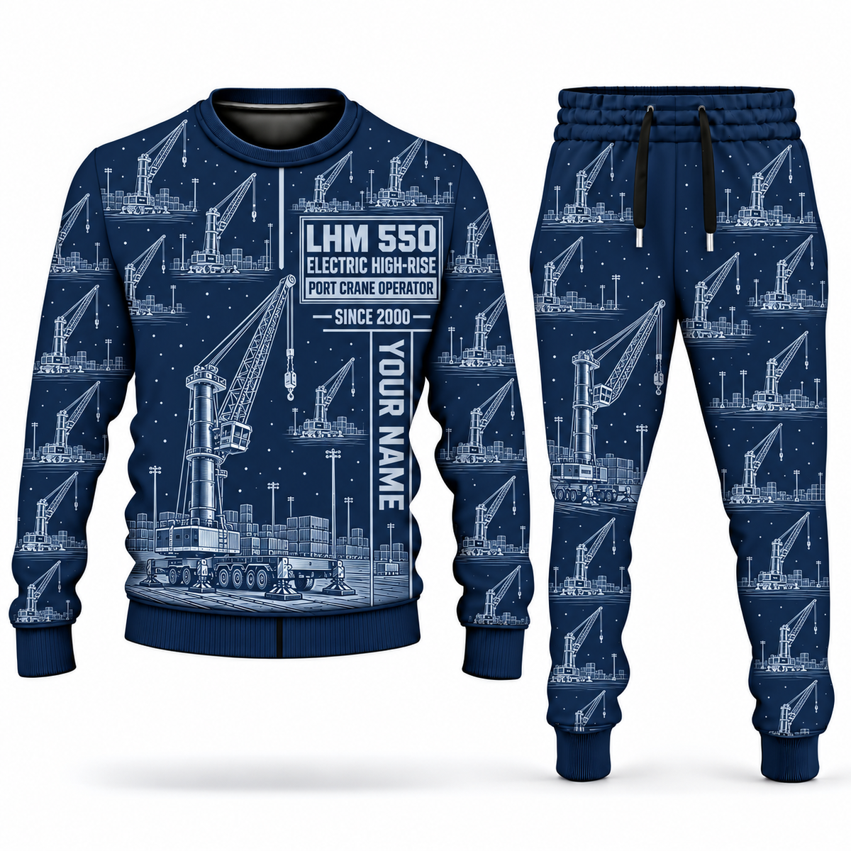 Personalized Liebherr LHM 550 Electric High-Rise Port Crane Combo Sweater + Jogger in navy, sweater and jogger artwork with YOUR NAME and SINCE 2000 sample text.