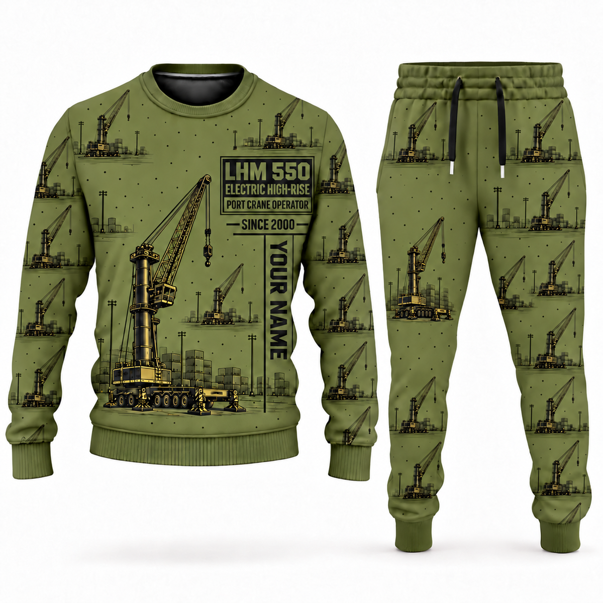 Personalized Liebherr LHM 550 Electric High-Rise Port Crane Combo Sweater + Jogger in olive, sweater and jogger artwork with YOUR NAME and SINCE 2000 sample text.