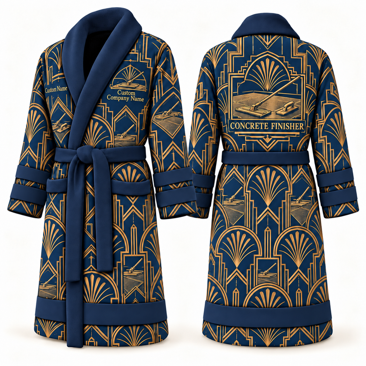 Personalized Concrete Finisher Bathrobe - Art Deco Craft blue front and back view