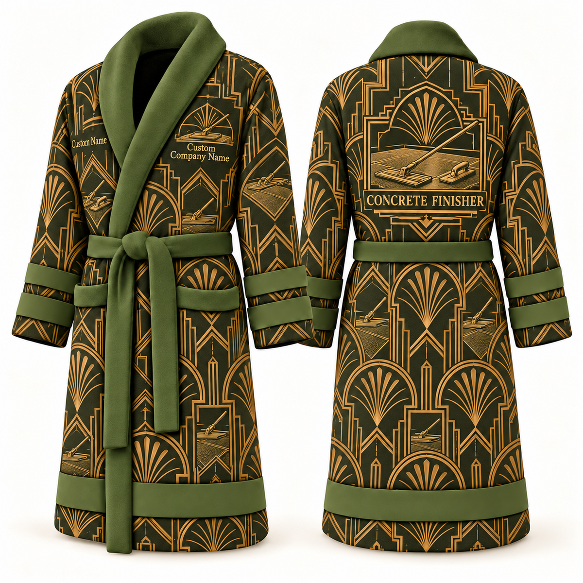 Personalized Concrete Finisher Bathrobe - Art Deco Craft olive front and back view