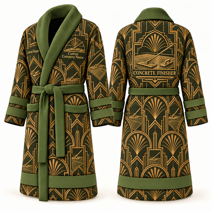 Personalized Concrete Finisher Bathrobe - Art Deco Craft olive front and back view