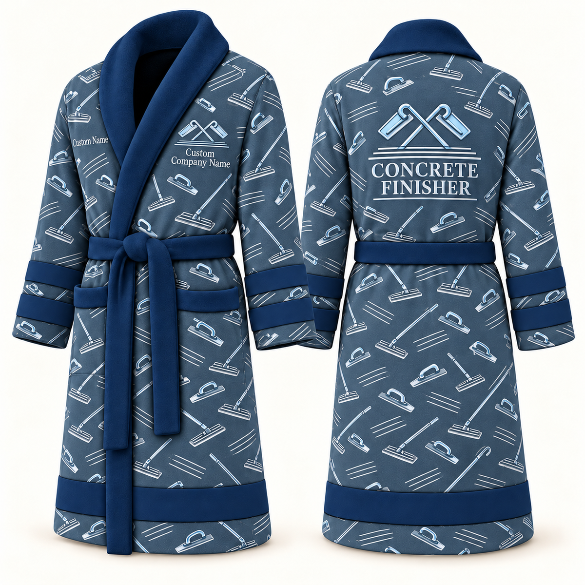 Personalized Concrete Finisher Bathrobe blue front and back
