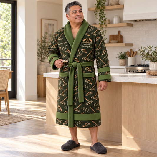 Personalized Concrete Finisher Bathrobe Olive worn at home