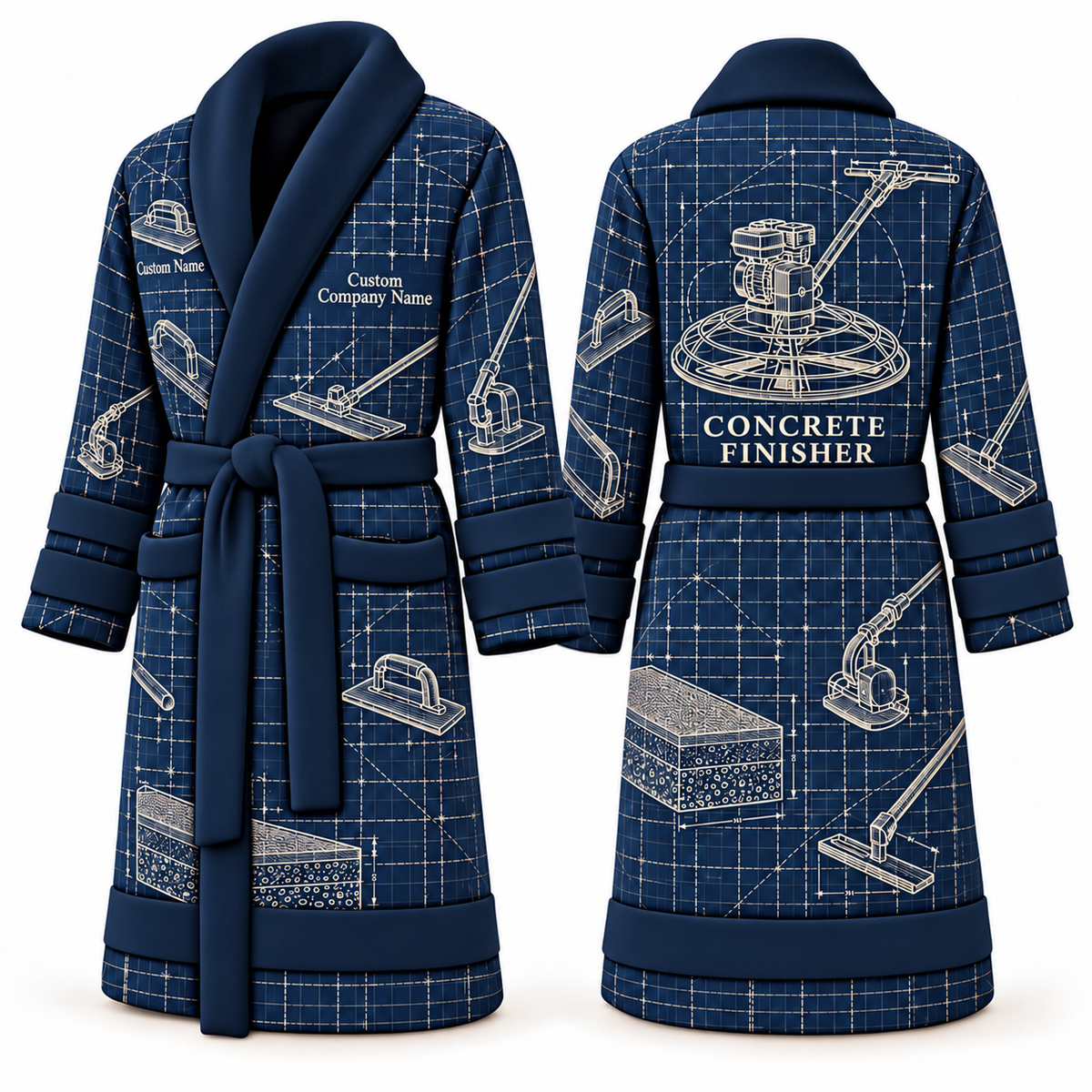 Personalized Concrete Finisher Bathrobe - Blueprint Workshop blue front and back view