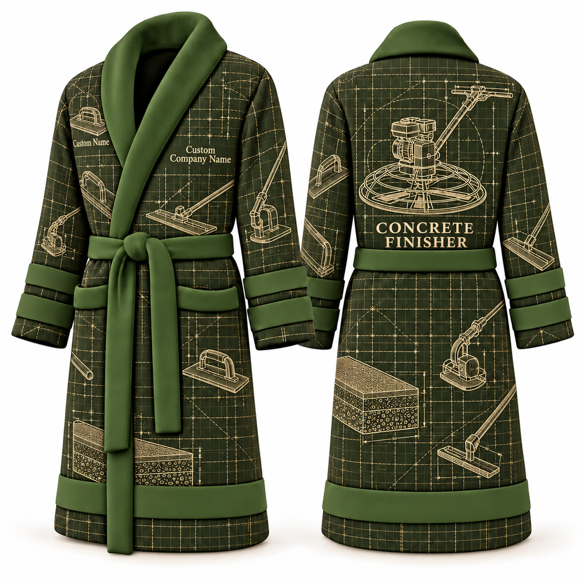 Personalized Concrete Finisher Bathrobe - Blueprint Workshop olive front and back view