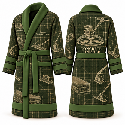 Personalized Concrete Finisher Bathrobe - Blueprint Workshop olive front and back view