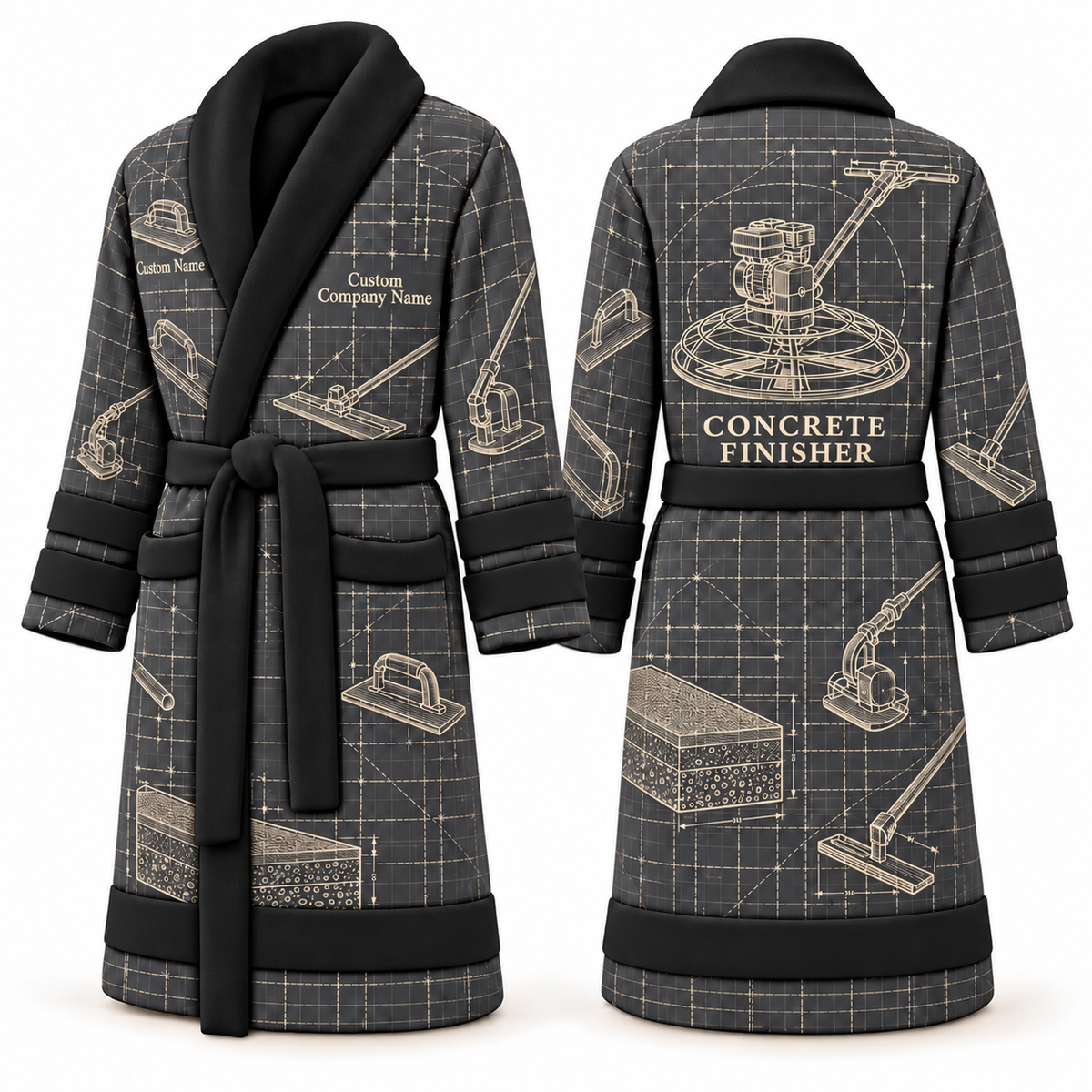 Personalized Concrete Finisher Bathrobe - Blueprint Workshop slate front and back view