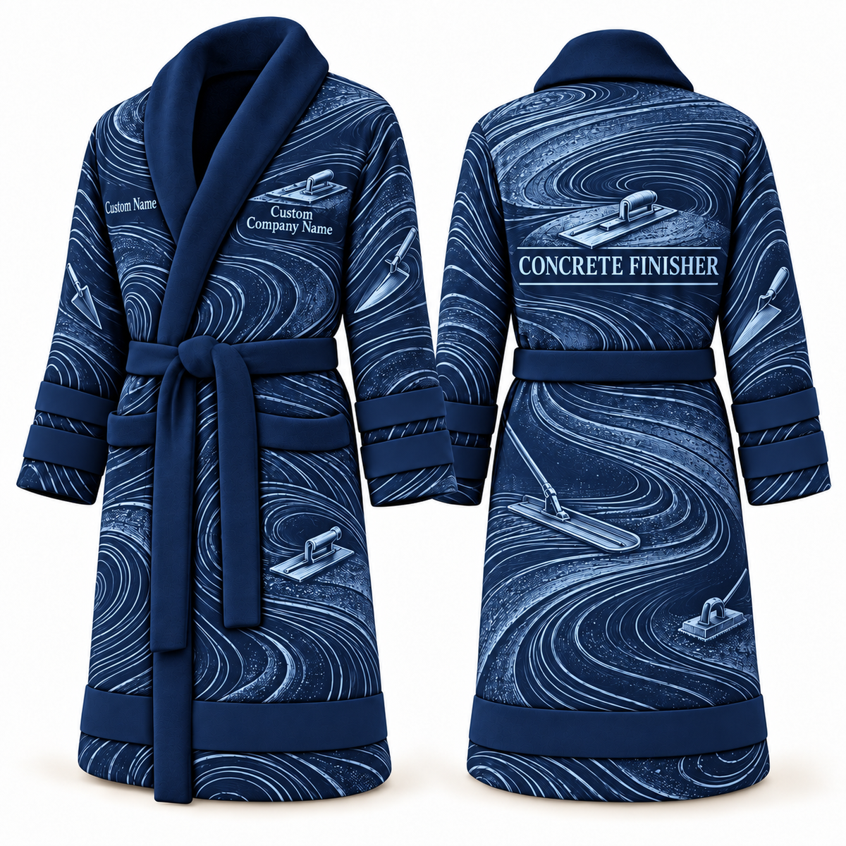Personalized Concrete Finisher Bathrobe - Contour Lines blue front and back view