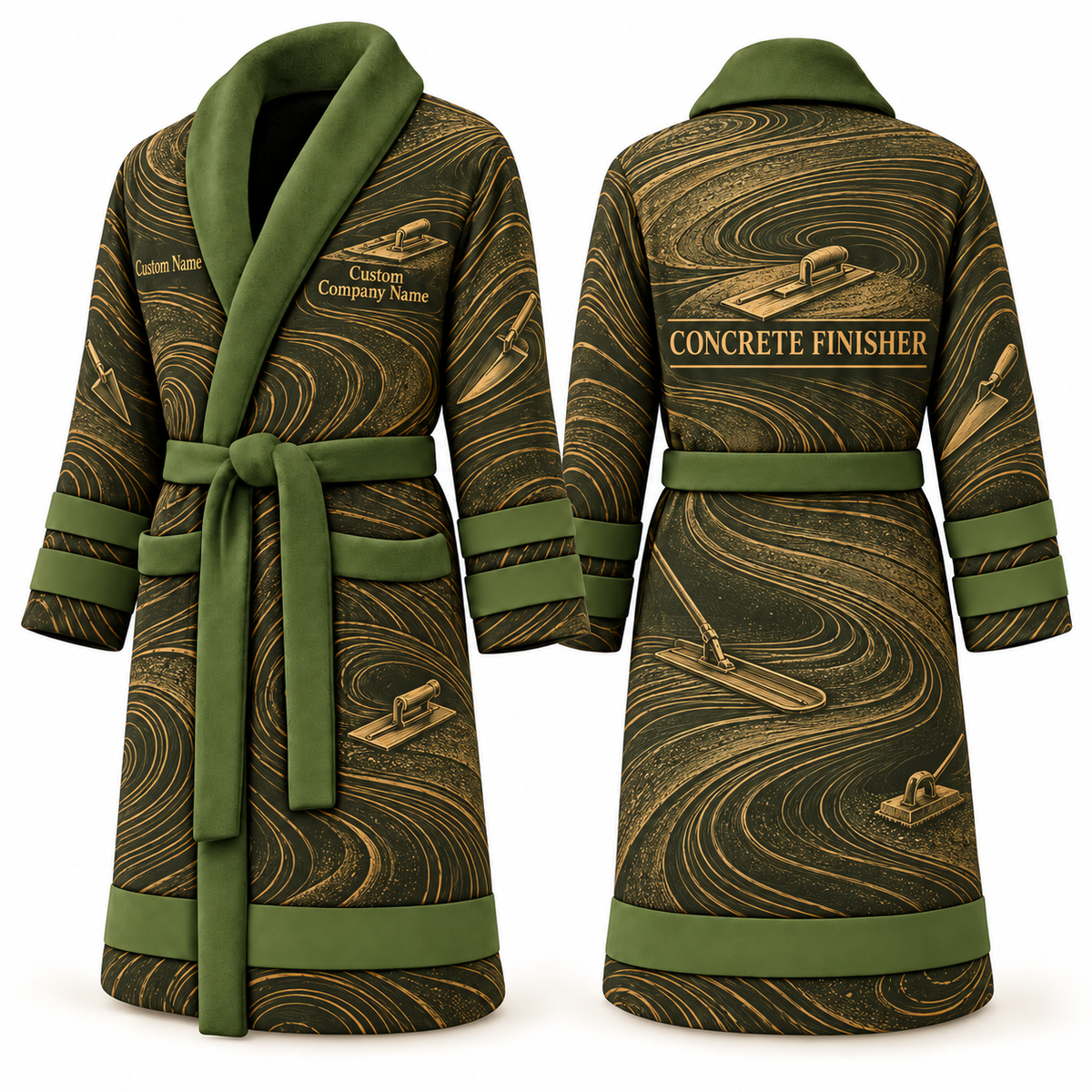 Personalized Concrete Finisher Bathrobe - Contour Lines olive front and back view
