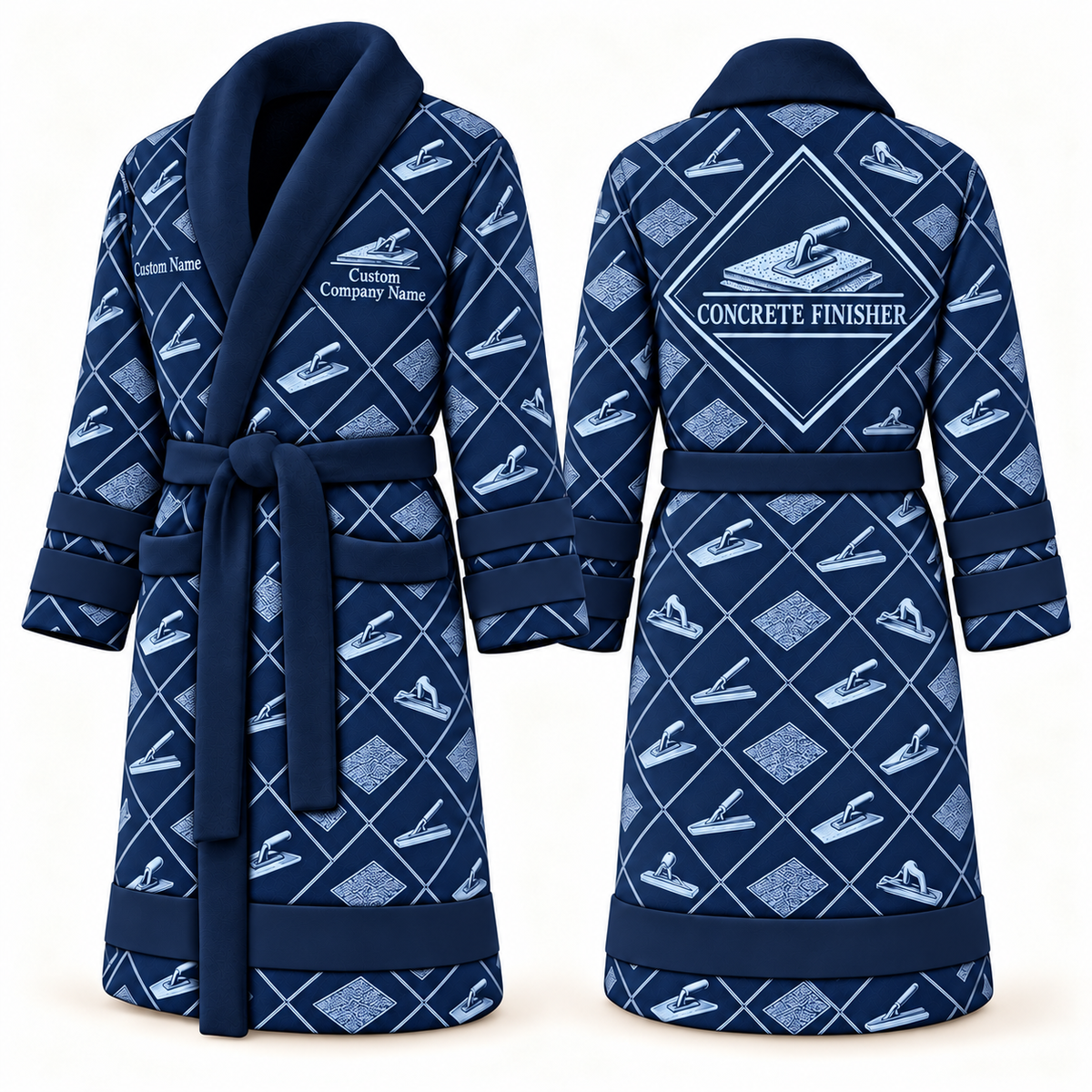 Personalized Concrete Finisher Bathrobe - Diamond Emblems blue front and back view