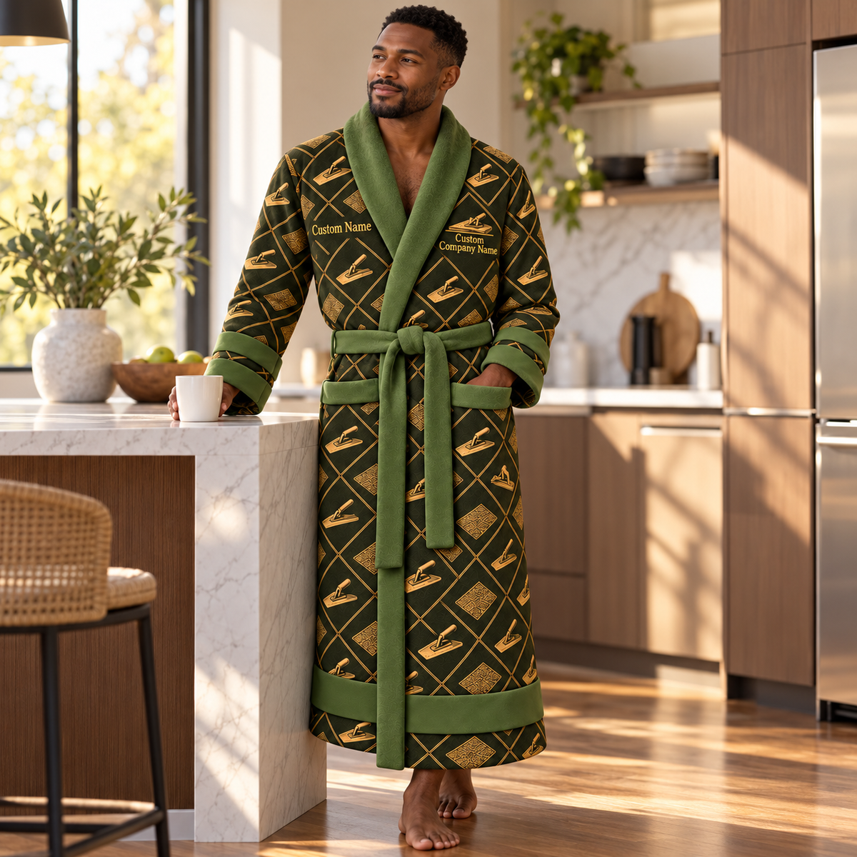 Personalized Concrete Finisher Bathrobe - Diamond Emblems lifestyle view