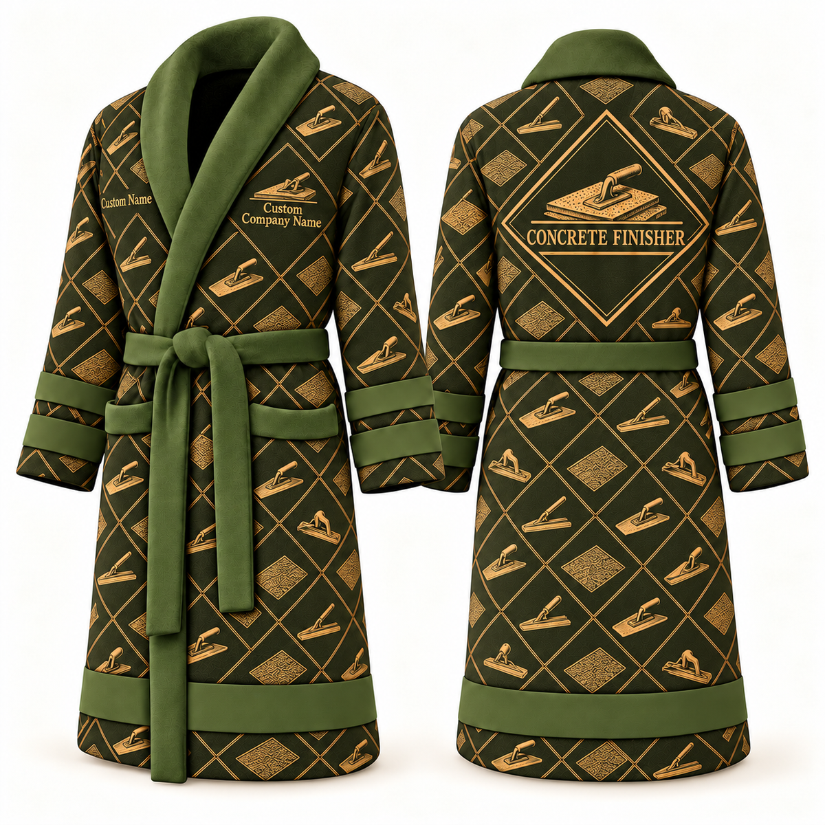 Personalized Concrete Finisher Bathrobe - Diamond Emblems olive front and back view
