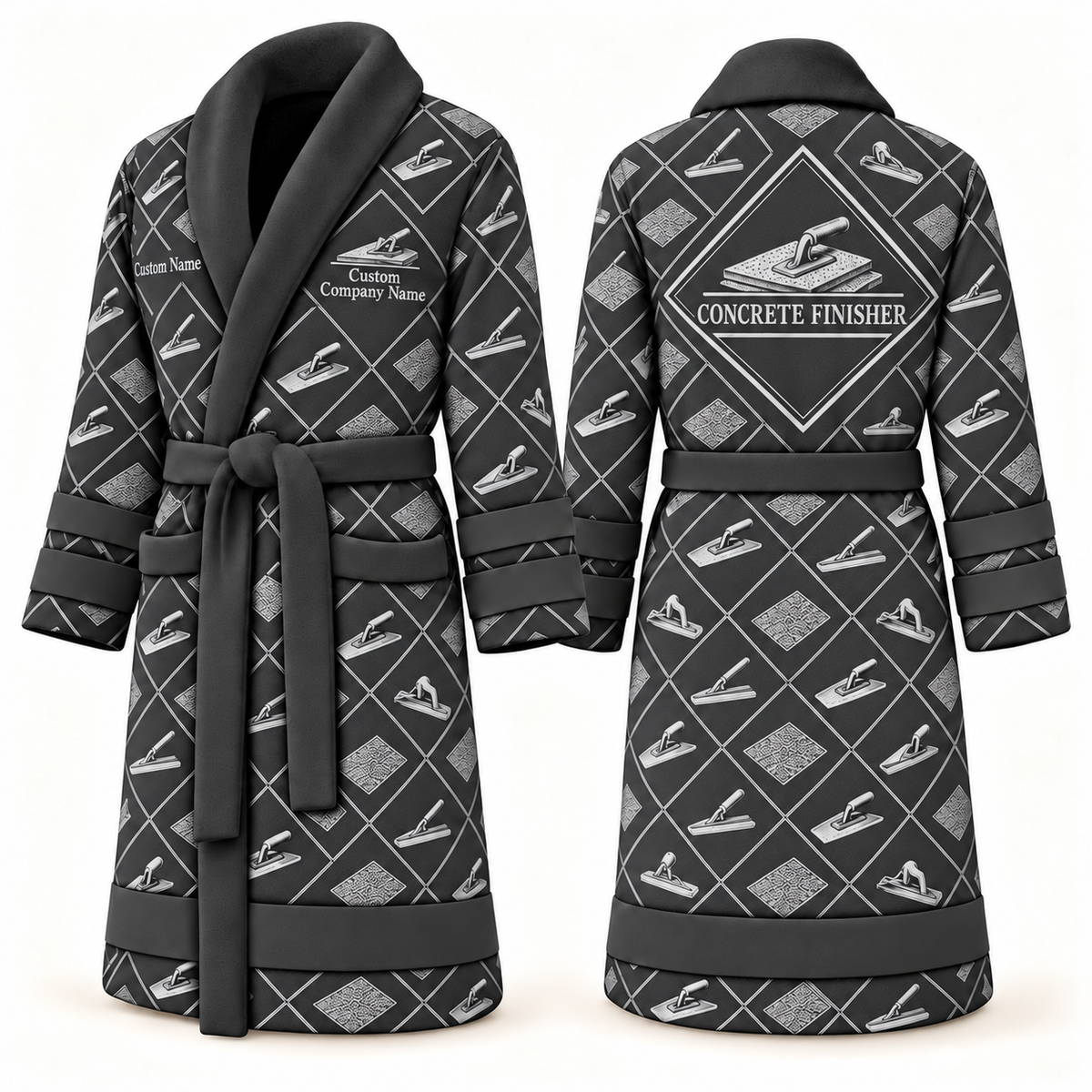 Personalized Concrete Finisher Bathrobe - Diamond Emblems slate front and back view