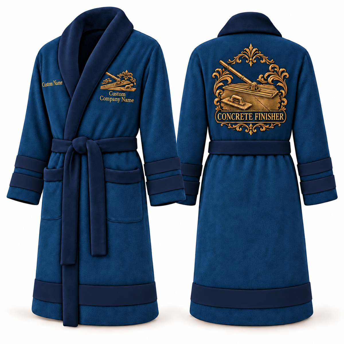 Personalized Concrete Finisher Bathrobe - Heritage Crest blue front and back view