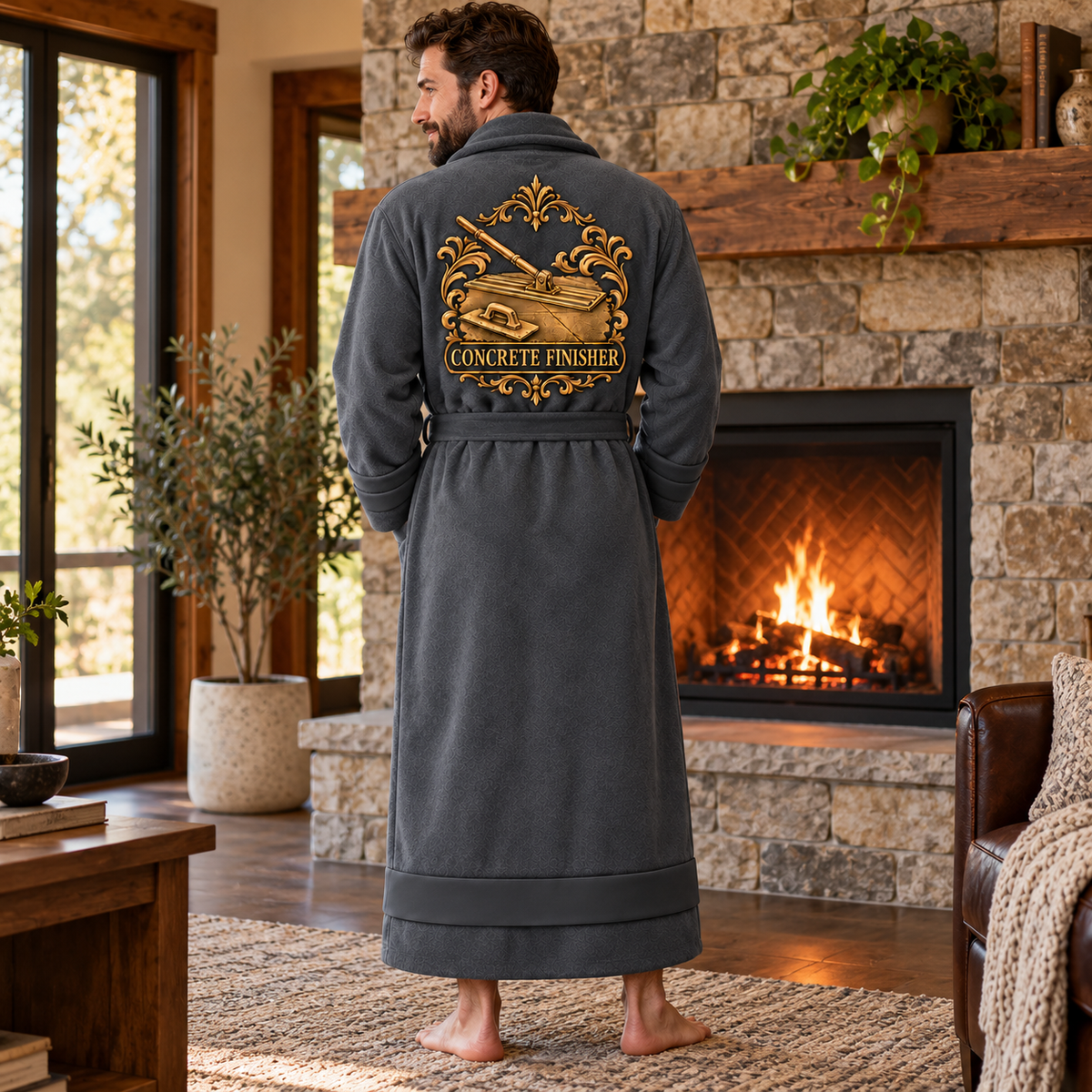 Personalized Concrete Finisher Bathrobe - Heritage Crest lifestyle view