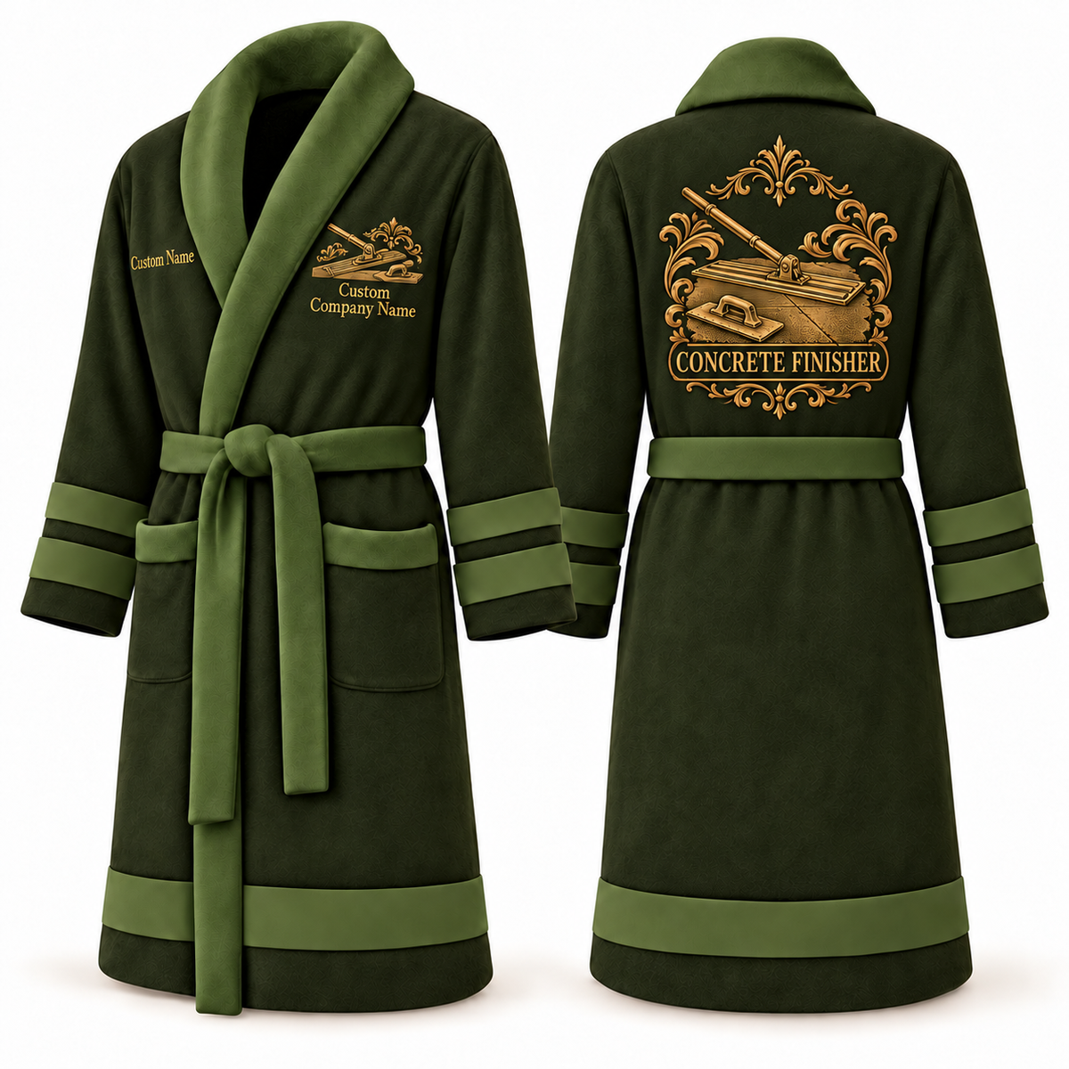 Personalized Concrete Finisher Bathrobe - Heritage Crest olive front and back view