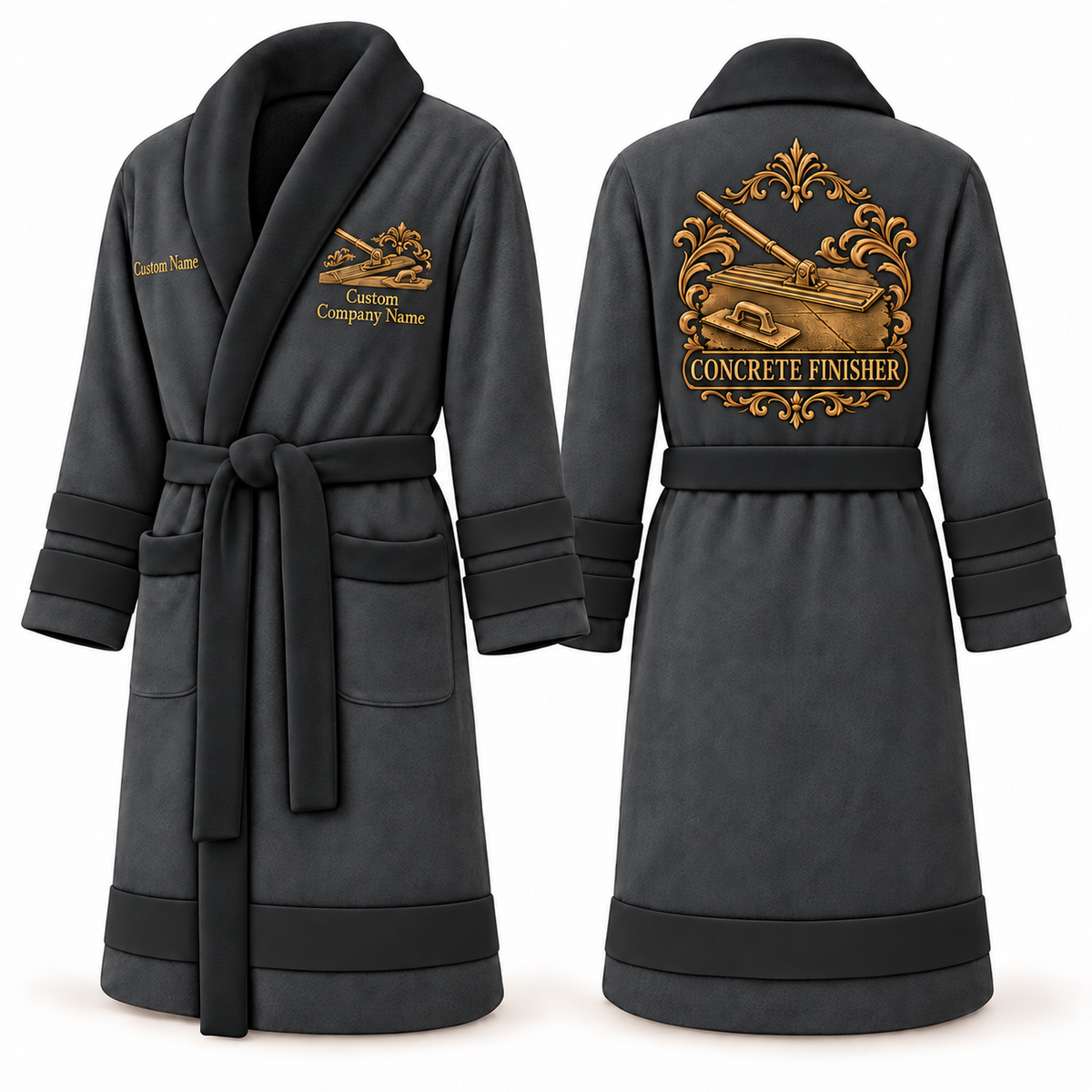 Personalized Concrete Finisher Bathrobe - Heritage Crest slate front and back view