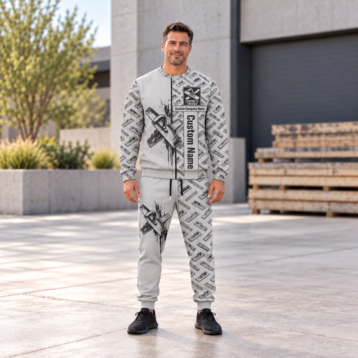 concrete finisher occupation-themed sweater and jogger combo on a model with name and company artwork