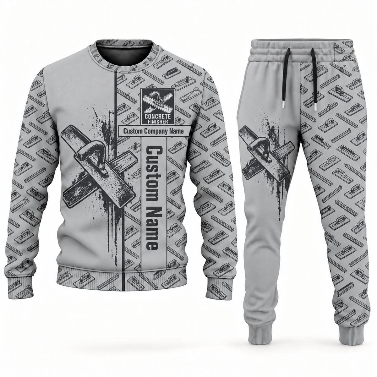 concrete finisher occupation-themed sweater and jogger combo lightgray color with name and company artwork