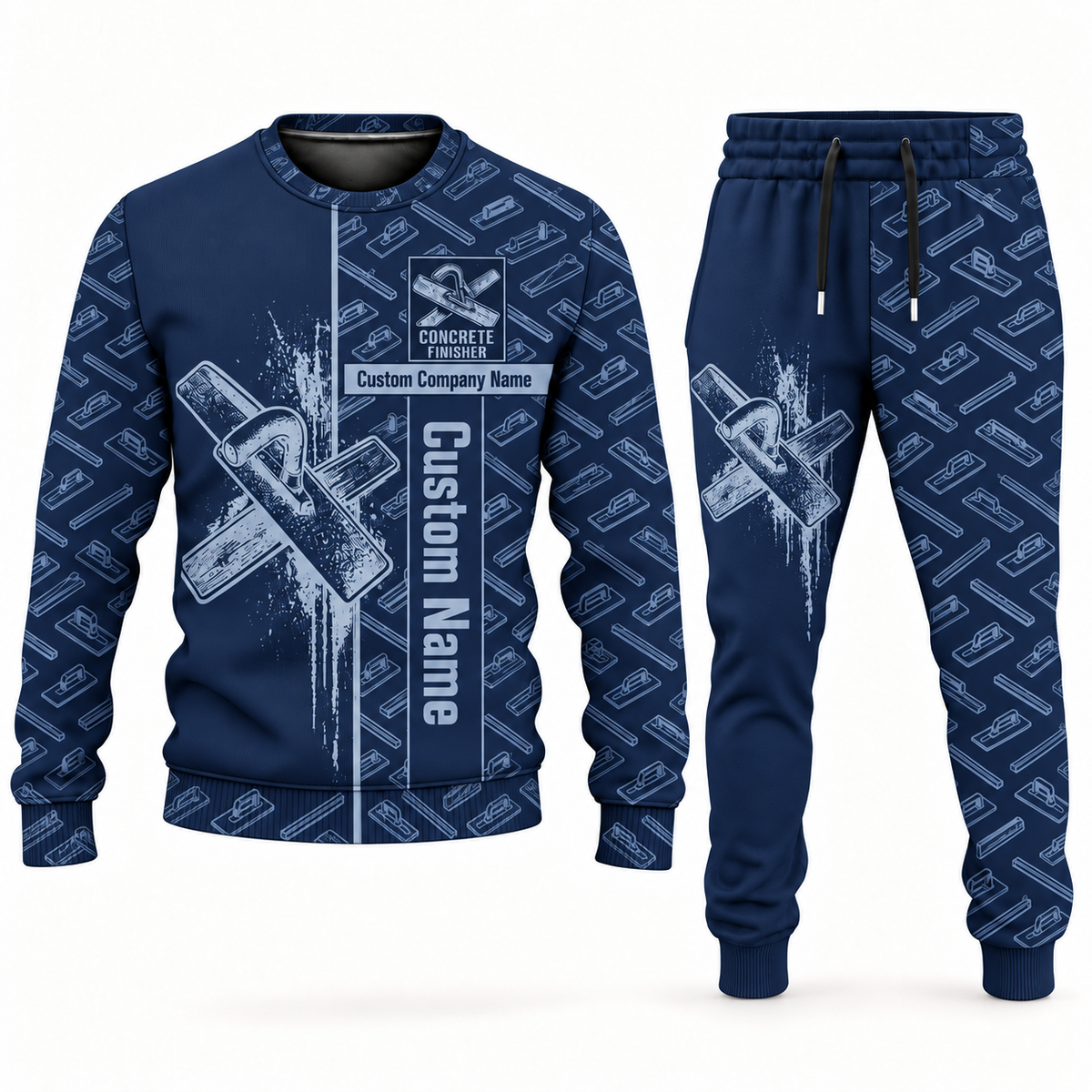 concrete finisher occupation-themed sweater and jogger combo navy color with name and company artwork