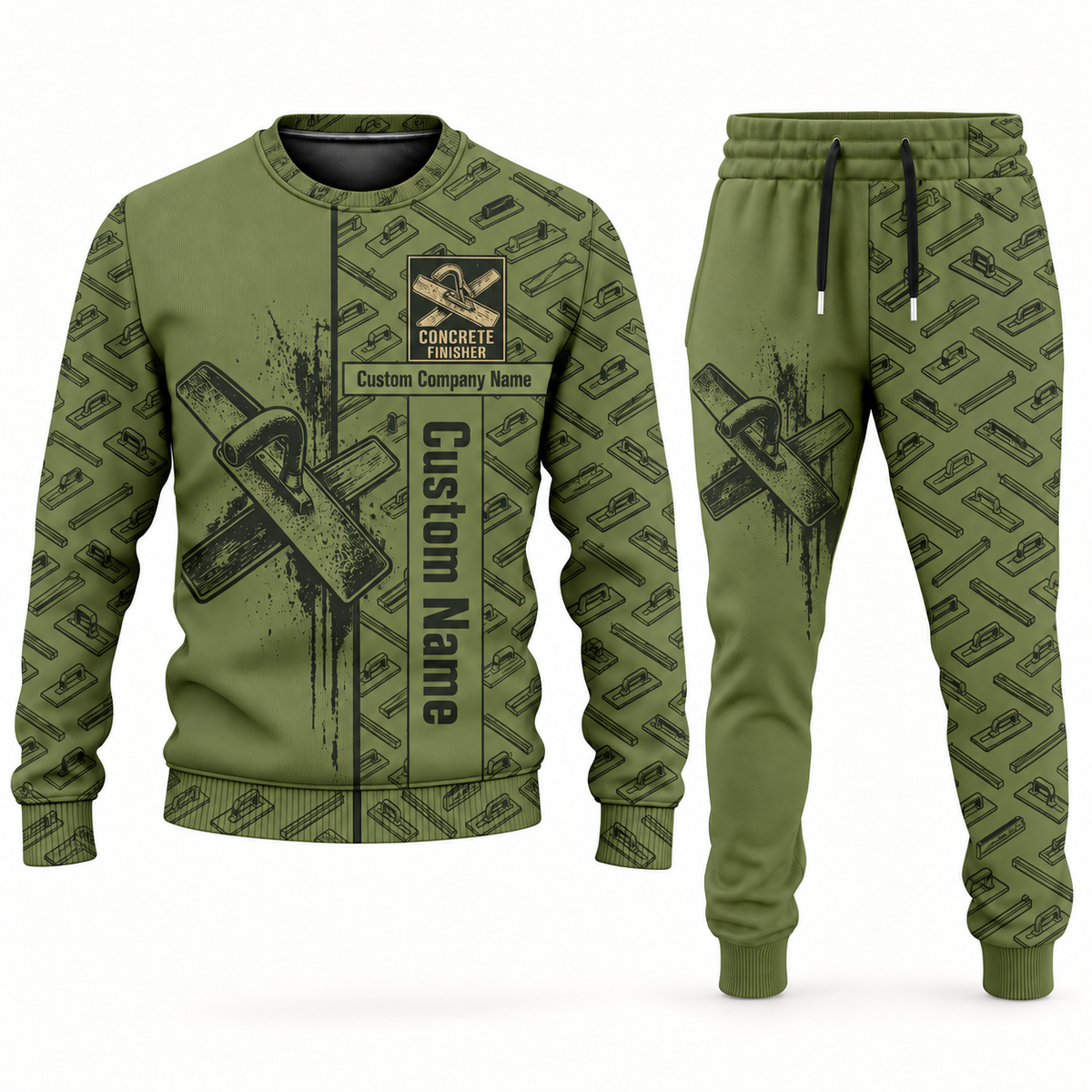 concrete finisher occupation-themed sweater and jogger combo olive color with name and company artwork