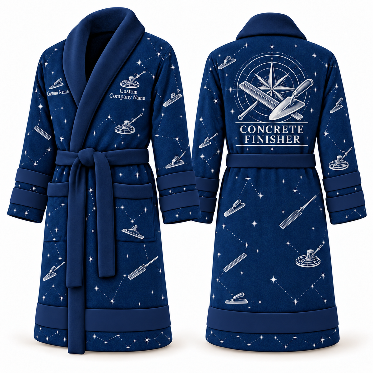 Personalized Concrete Finisher Bathrobe - Night Shift blue front and back view