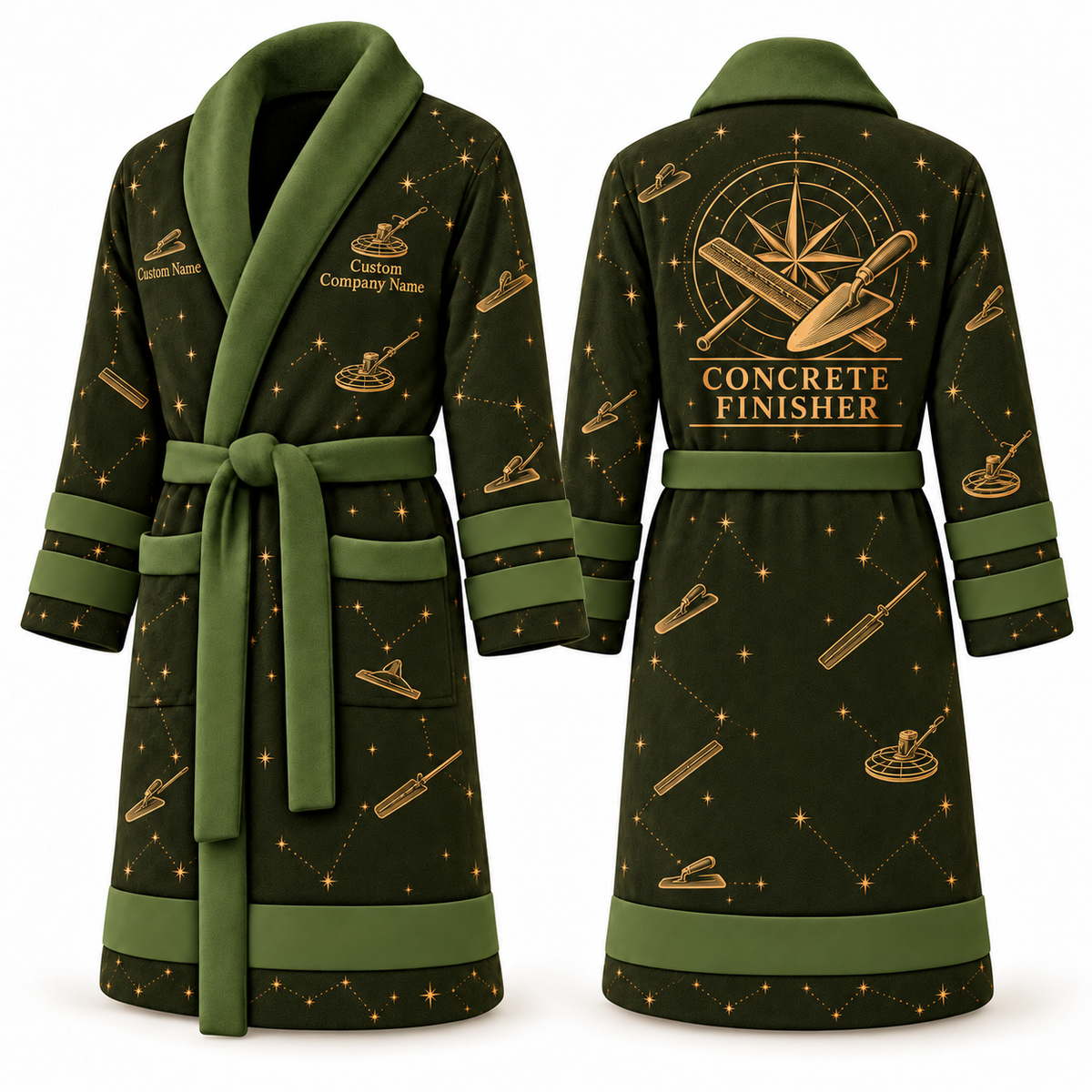 Personalized Concrete Finisher Bathrobe - Night Shift olive front and back view