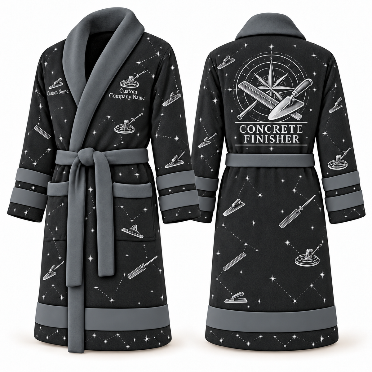 Personalized Concrete Finisher Bathrobe - Night Shift slate front and back view