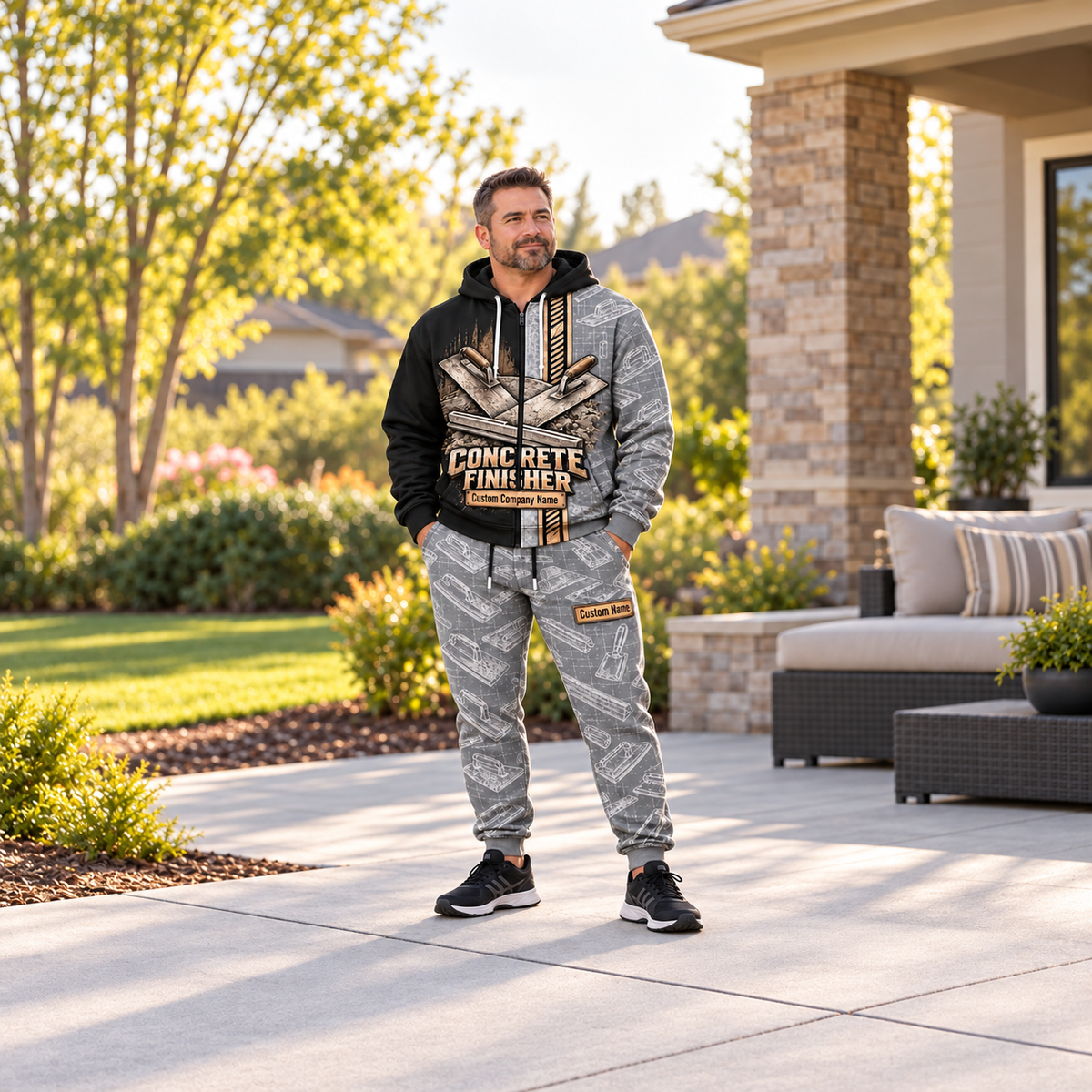 concrete finisher full-zip hoodie and matching joggers - adult male lifestyle