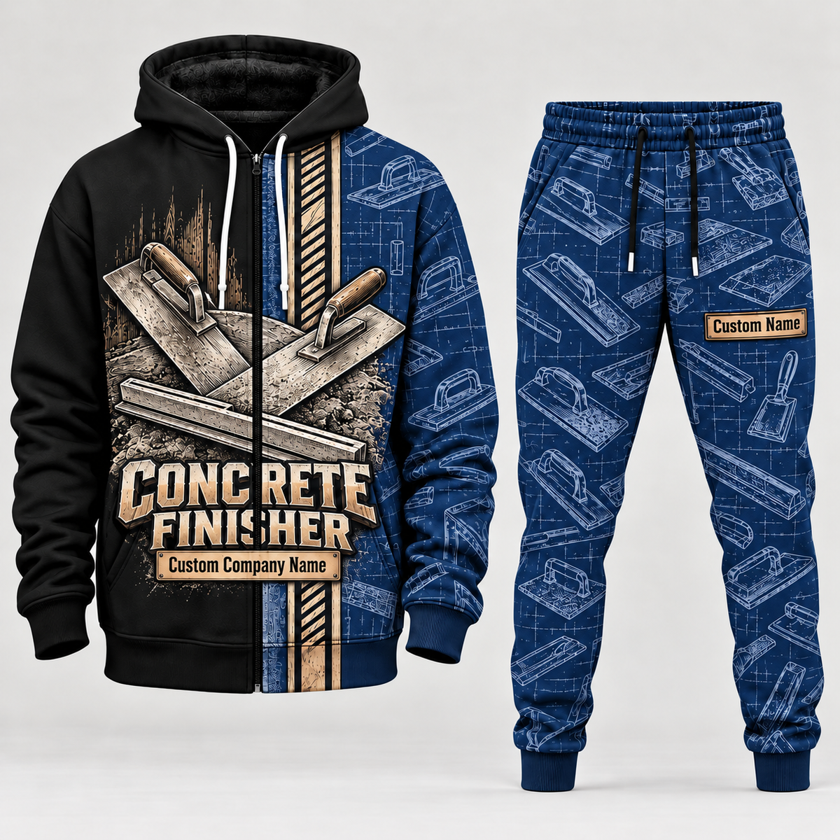concrete finisher full-zip hoodie and matching joggers - navy catalog view