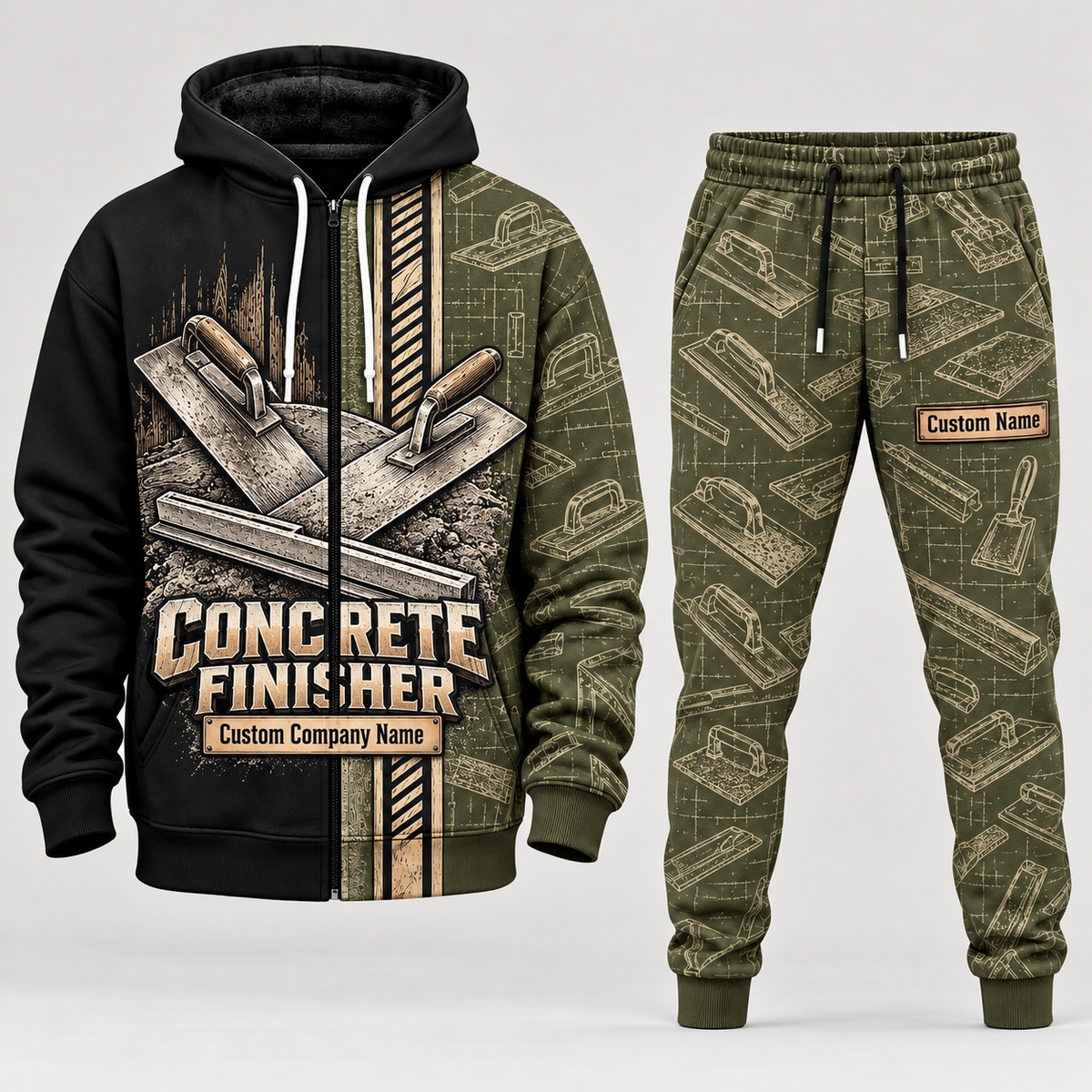 concrete finisher full-zip hoodie and matching joggers - olive catalog view