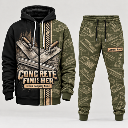 concrete finisher full-zip hoodie and matching joggers - olive catalog view