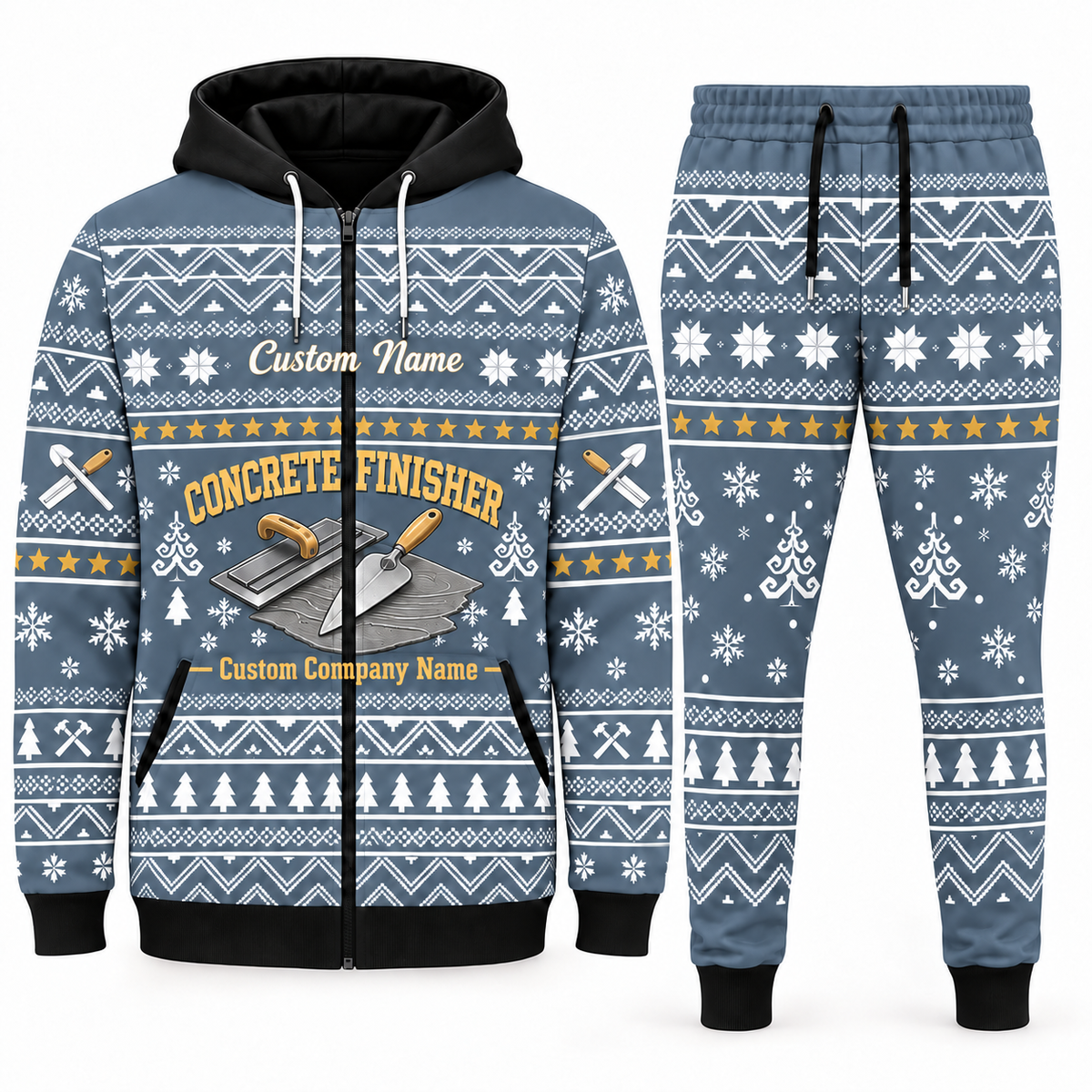 concrete-finisher blue-gray Winter Snowflake full-zip hoodie and jogger combo with Custom Name and Custom Company Name