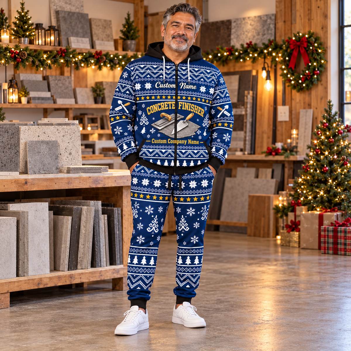 concrete-finisher hero Winter Snowflake full-zip hoodie and jogger combo with Custom Name and Custom Company Name