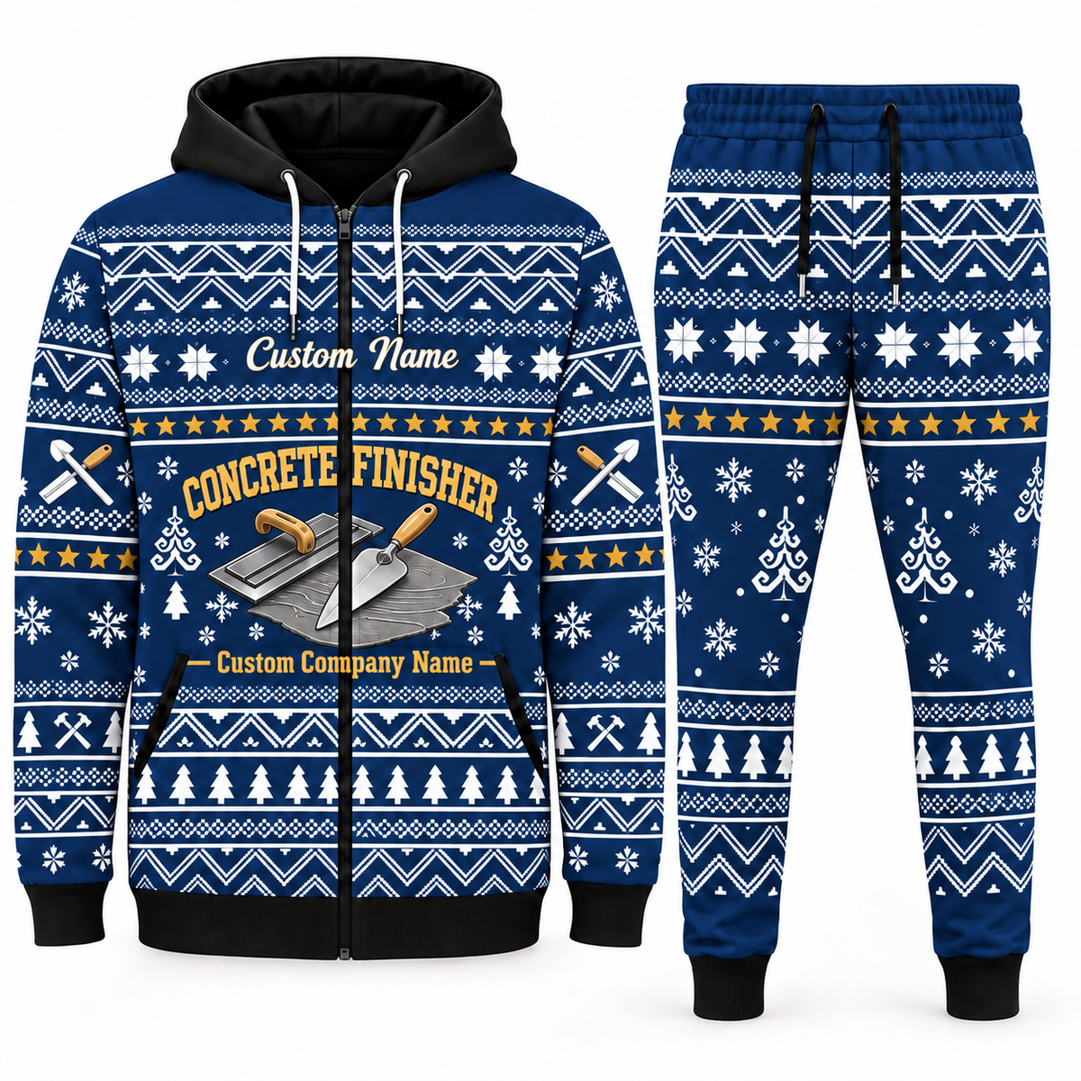 concrete-finisher navy Winter Snowflake full-zip hoodie and jogger combo with Custom Name and Custom Company Name