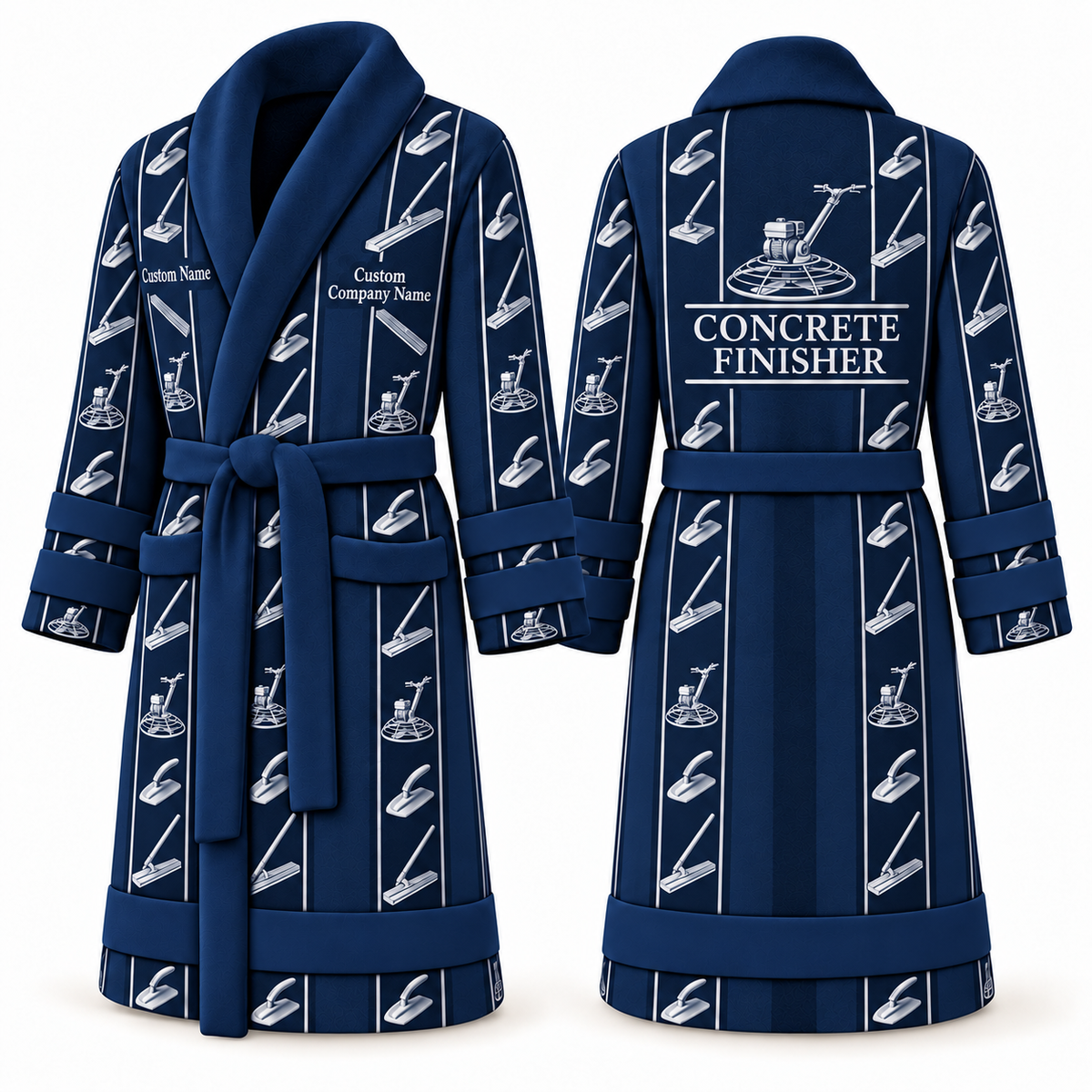 Personalized Concrete Finisher Bathrobe - Workbench Stripes blue front and back view