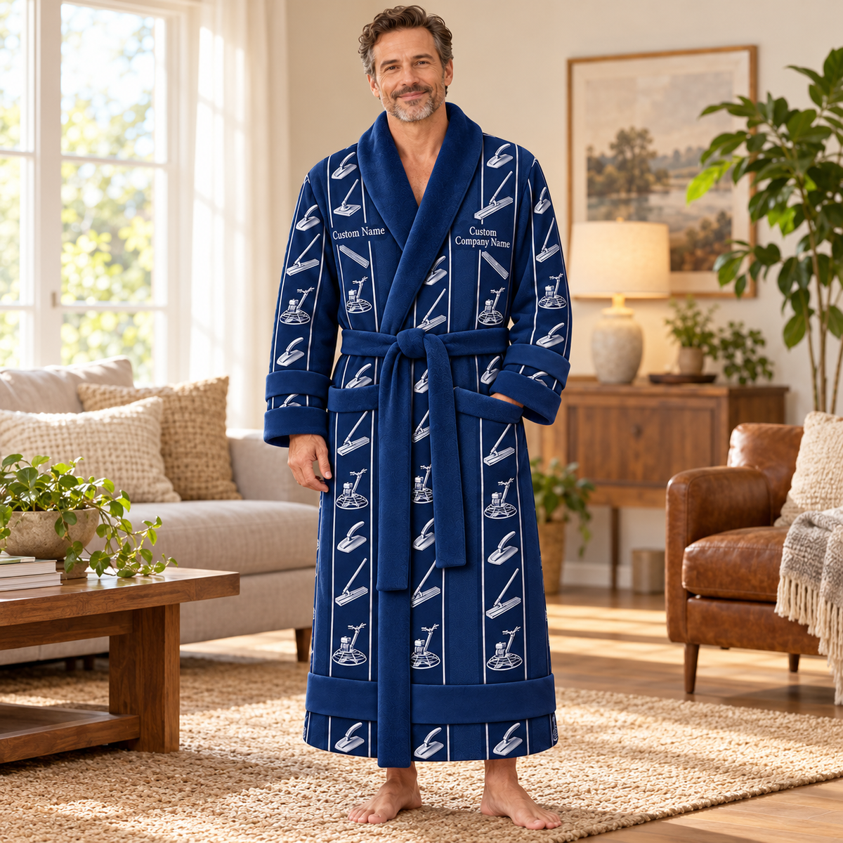 Personalized Concrete Finisher Bathrobe - Workbench Stripes lifestyle view