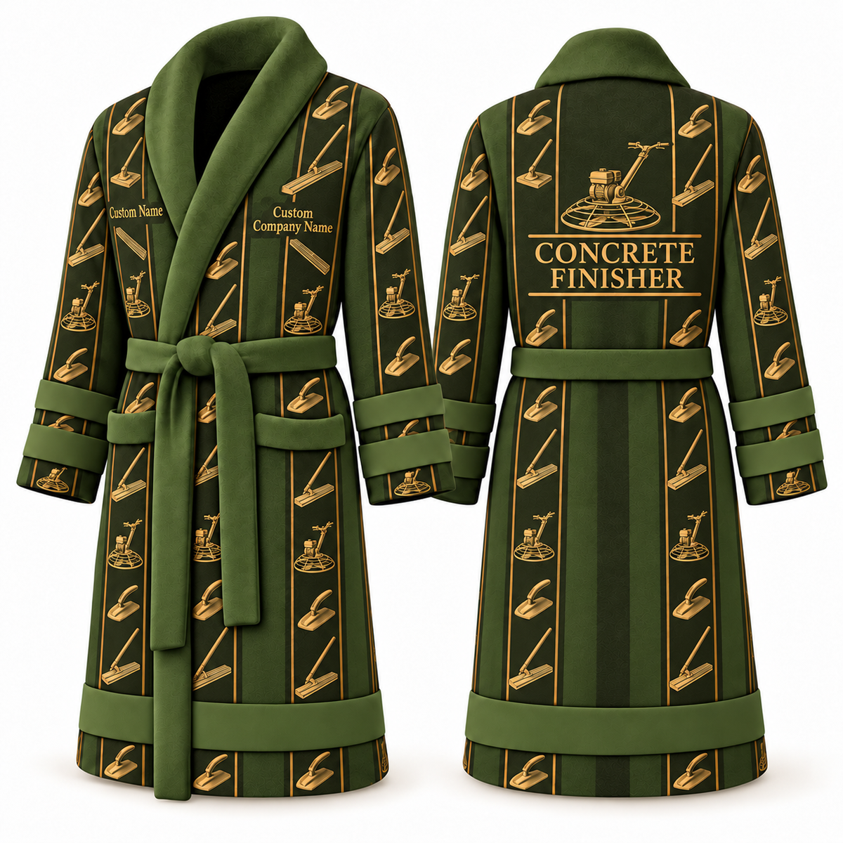 Personalized Concrete Finisher Bathrobe - Workbench Stripes olive front and back view