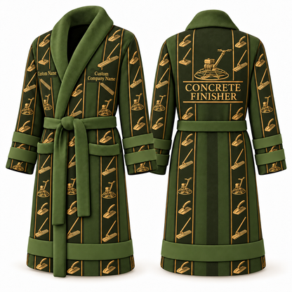 Personalized Concrete Finisher Bathrobe - Workbench Stripes olive front and back view