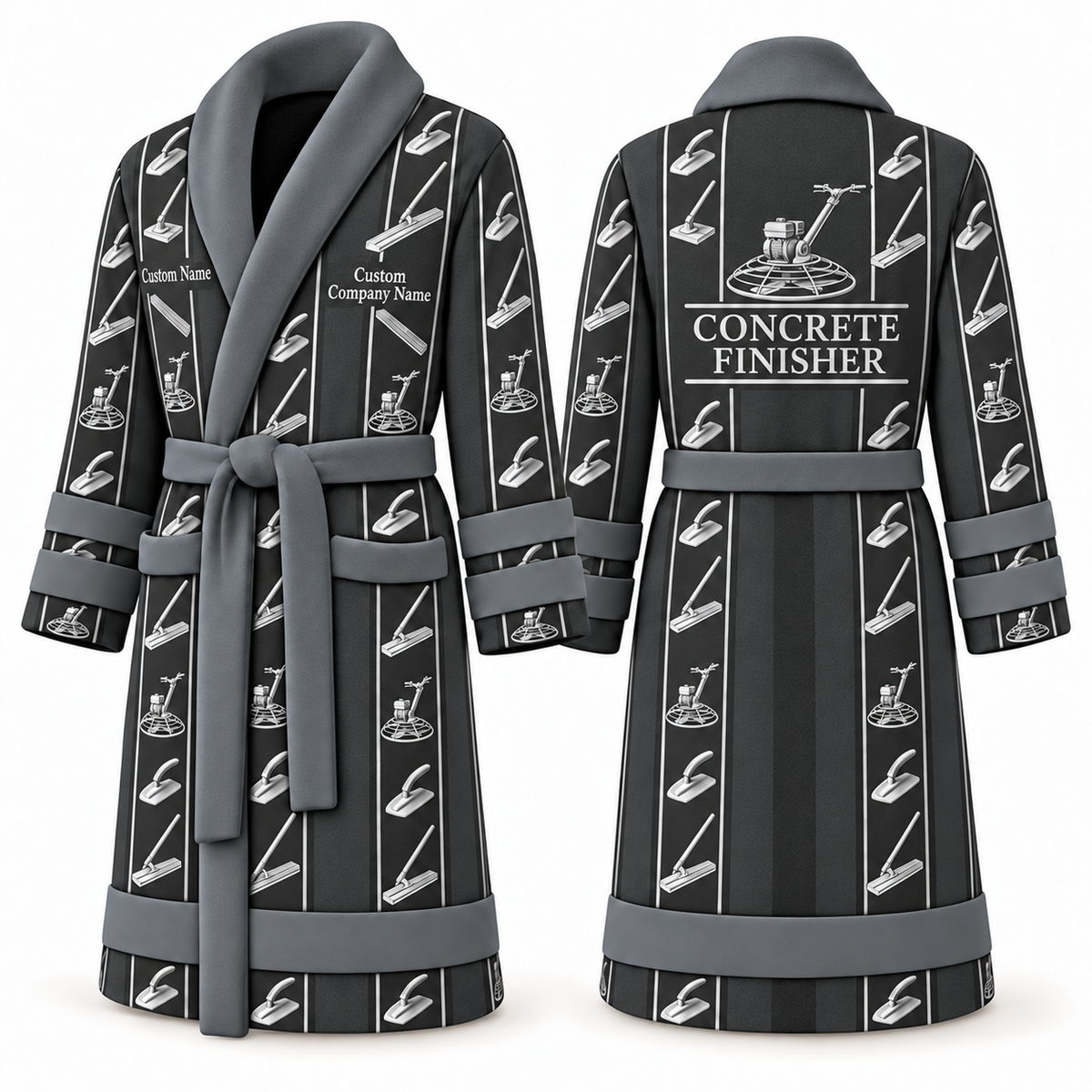 Personalized Concrete Finisher Bathrobe - Workbench Stripes slate front and back view