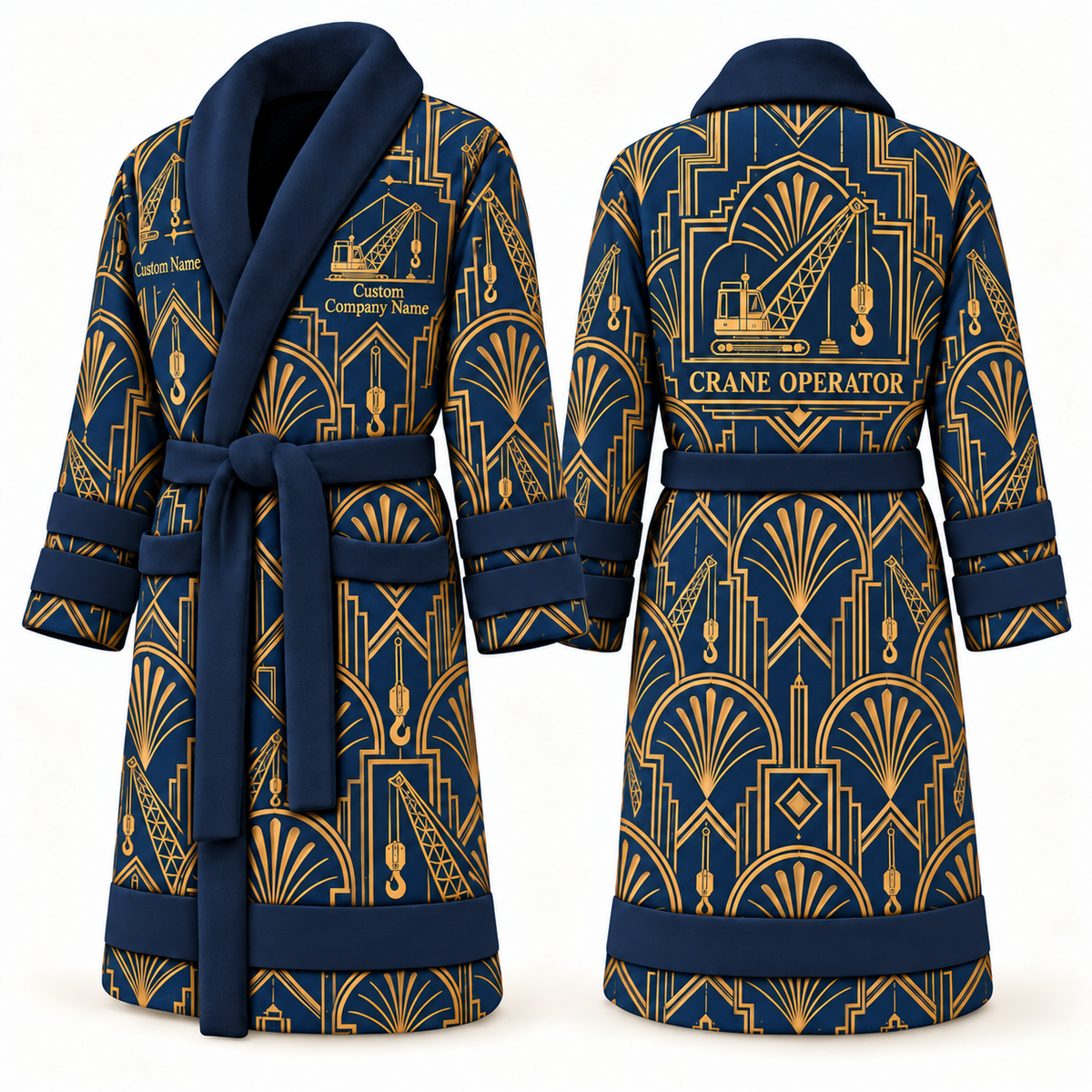 Personalized Crane Operator Bathrobe - Art Deco Craft blue front and back view